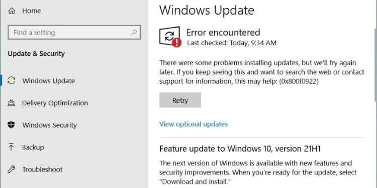 windows update error 0x800f0922